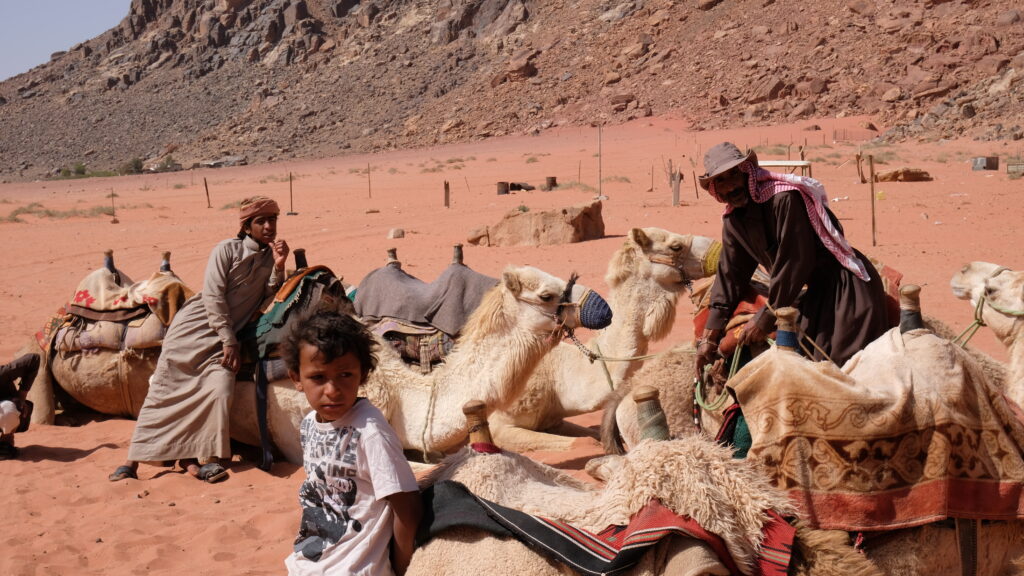 Beduini e dromedari nel deserto del Wadi Rum